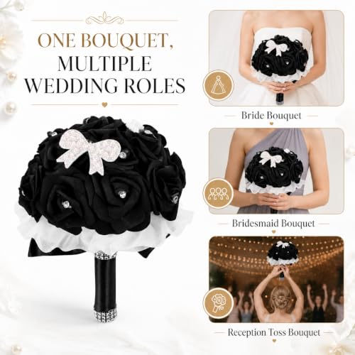 MAGICLULU Elegant Black Bridal Wedding Bouquet with Chic Artificial Foam Flowers, Artificial Holding Flowers for Brides and Bridesmaids, Ideal for Weddings, Parties, 9.44X6.29X6.29in