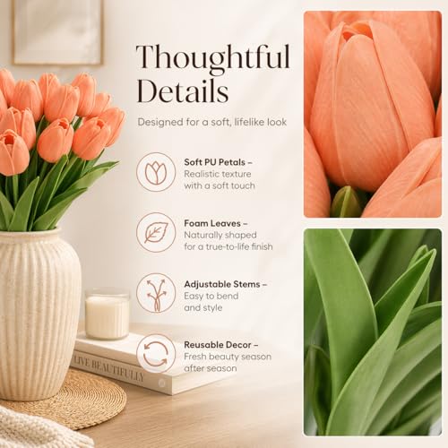 MACTING 30PCS Artificial Tulip Flowers 13.7" Real Touch Fake Tulips Faux Flowers for Floral Arrangements Table Centerpieces Kitchen Dining Room Mothers Day Summer Decorations,Light Orange - color: Light Orange