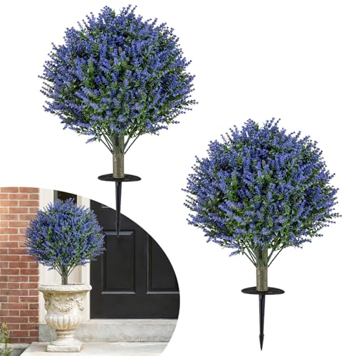Goplus Set of 2 Artificial Lavender Topiary Ball Trees, 24” Faux Shrub Bushes with Ground Spikes, Sun-Proof Indoor Outdoor Fake Evergreen Plants for Porch, Garden, Yard, Home Decoration - color: Lavender