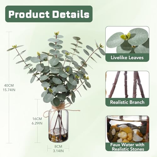 15.74” Artificial Eucalyptus Stems in Glass Vase with Faux Water & Natural Stones, Lifelike Fake Greenery for Modern Farmhouse Home Decor, Bathroom Decor, Office Desk Centerpiece - color: Sl-0974
