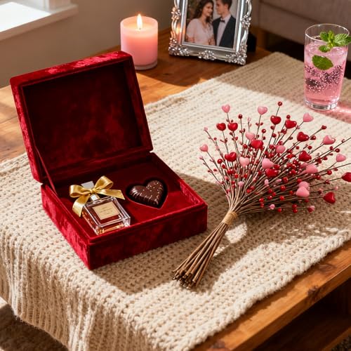 6 Pcs Artificial Berry Stems Pink Red Heart Shaped Flowers for Vase, Faux Branches for Wedding Anniversary Valentine’s Day Romantic Home Table Centerpieces Decor