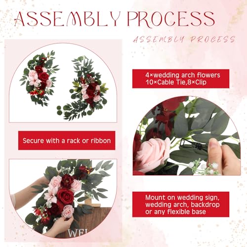 Hotop Wedding Arch Flowers Set of 4 Artificial Flower Swag Wedding Faux Floral Swag with 10 Cable Tie and 8 Clip for Party Welcome Signs Ceremony Reception Backdrop Decor(Romantic Burgundy) - color: Romantic Burgundy