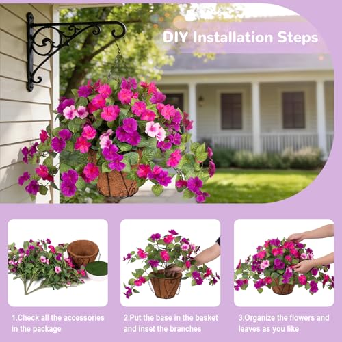 INXUGAO 3 Bundles Artificial Fake Flowers for Outdoors with Hanging Baskets Faux Hanging Flowers Plants for Outdoor Planters UV Resistant Silk Flowers for Outside Spring Home Front Porch Garden Décor - color: Light Purple Dark Purple+basket