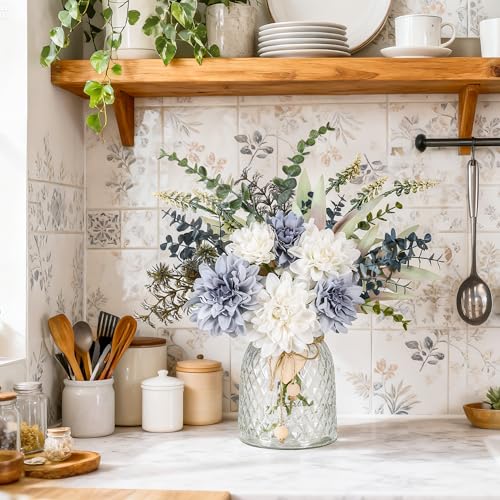 Der Rose Fake Flowers in Vase Silk Artificial Navy Blue Flowers Arrangements with Glass Vase for Dinning Coffee Table Centerpieces Home Kitchen Farmhouse Wedding Decor - color: Blue