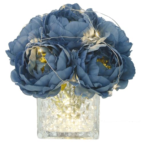 Artificial Peony Silk Flower Centerpieces with LED Light Faux Floral Arrangement in Glass Vase for Home Wedding Table Decoration (Dusty Blue) - color: Light-dusty Blue