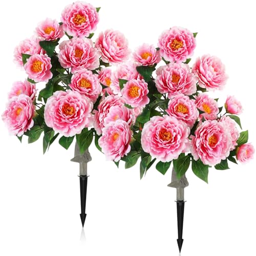 Thiccywoov 2 Pack 36" Artificial Peonies Flowers for Outdoor, 3 Ft Faux Outdoor Plants with Spike UV Resistant Realistic Fake Floral Bush for Indoor Front Door Porch Backyard(Pink) - color: Pink