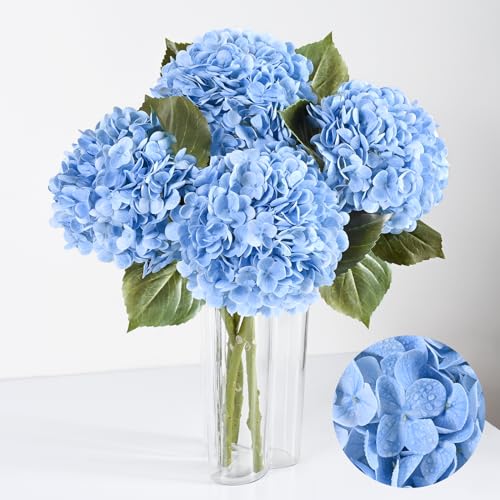 Artflower 4Pcs Real Touch Hydrangea Artificial Flowers, 22.5'' Blue Full Latex Faux Hydrangea Flowers for Home Floral Arrangements Wedding Bouquets Kitchen Table Centerpiece Decorations - color: Blue, size: 4 Pcs