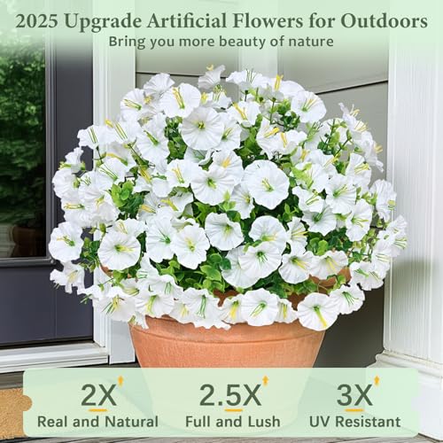 MARTINE MALL 12 Bundles Look Real Artificial Flowers for Outdoors, Realistic Fake Outdoor Flowers, UV Resistant Silk Petunia Flowers for Outside Faux Flowers Plants for Outdoor Porch, White - color: White, size: 12 Bundles