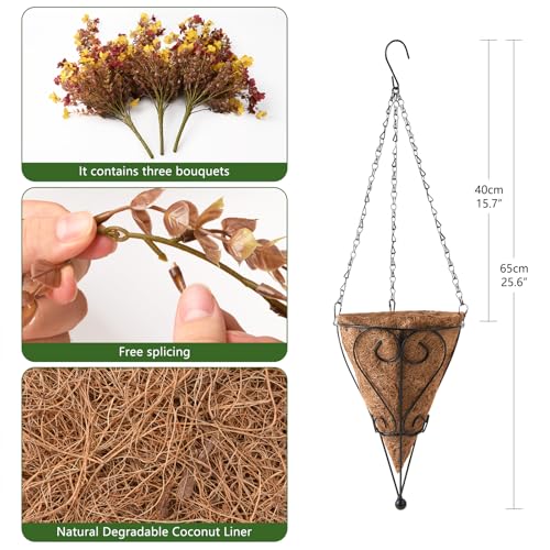 Homsunny Fall Artificial Faux Mums Hanging Flowers Plants Basket for Outdoor Decoration,Fake Silk Daisy planters UV Resistant Look Real for Home Porch Patio Balcony Yard Autumn Decor (Yellow Brown) - color: Yellow Brown