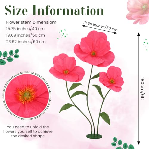 6ft Rose Red Giant Flowers for Decoration with Stand, Large Artificial Poppy, Big Paper Flower Decor for Garden Wedding Party Photography Props Hotel Office Art Gallery Shop Window Display - color: Rose Red
