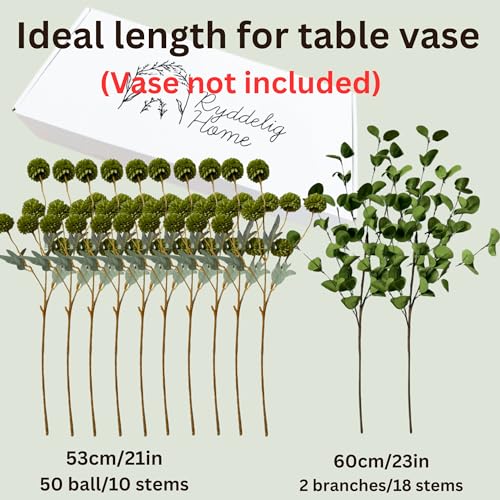 Green Flowers Artificial 10 Long Stems & 2pcs Eucalyptus Branches For Vase, Faux Silk Mum Greenery Arrangement, Realistic Fake Flowers, Green Centerpieces For Tables, Real Touch Floral Stems - color: Green