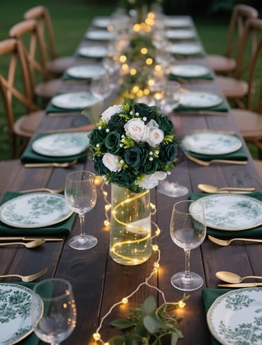 BLOSMON Green Flowers Artificial for Weddings: 10 Pcs Fake Rose Flower Balls for St Patricks Day Table Decorations - Fake Silk Kissing Bouquet Floral Arrangement for Home Party Event Decoration - color: Hunt Green & Forest Green & Ivory