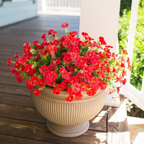 HyeFlora Artificial Flowers for Outdoors Fake Plants Outside Decoration, 12 Bundles Silk Red Morning Glory UV Resistant Look Real Faux Flowers for Planter Front Door Porch Patio Yard Gardens Balcony - color: Red
