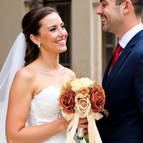 Wedding Bouquets for Bride Bridesmaid 8.5 Inch Burnt Orange Artificial Roses Fall Flowers Bridal Bouquets for Bride Autumn Wedding Marriage Proposal Party Thanksgiving Church Decoration - color: Orange