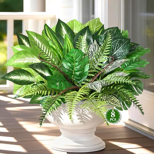 Livole Artificial Plants Outdoor, Artificial Greenery Fake Plants | Large 8pcs, UV Resistant, Realistic, Large Bunches Faux Plants for Porch Patio Garden Spring Summer Home Decor - size: 8 Pcs