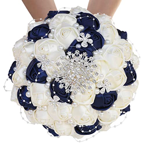 Big Size (8.26") Handmade Diamond Wedding Bouquet for Bridal with Pearl Rhinestones Navy Mix Ivory Color Silk Rose Flowers with Ribbon use in Church (Navy Blue+Ivory) - color: Navy Blue With Ivory