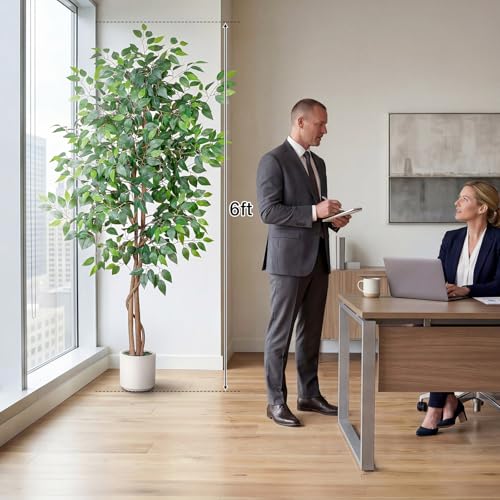 Artificial Ficus Tree 6FT Tall, Faux Ficus Tree Indoor Outdoor, Fake Silk Ficus Plant with Planter, Lifelike Leaves Large Potted Floor Tree for Home Office Living Room Porch Decor - size: 6ft