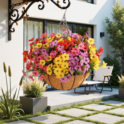 Artificial Outdoors Flowers with Hanging Basket, UV Resistant Fake Hanging Flowers, Faux Silk Plants with Planters for Porch Home Patio Balcony Yard (Rose Red, Purple, Yellow, Red) - color: 4 Multicolor, size: 1PCS