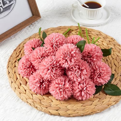 SITUMEIZI 12 Pcs Pink Artificial Chrysanthemums Flowers Ball Flower Fake Mums Silk for Wedding Home Kitchen Decoration Floral Arrangement - color: Pink, size: 12 Pieces