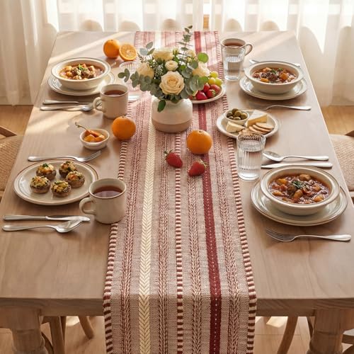 Artoid Mode Red Farmhouse Woven Table Runner, Seasonal Holiday Rustic Kitchen Dining Table Decoration for Home Party Decor 12x72 Inch - color: Red, size: 12" x 72", Table Runner