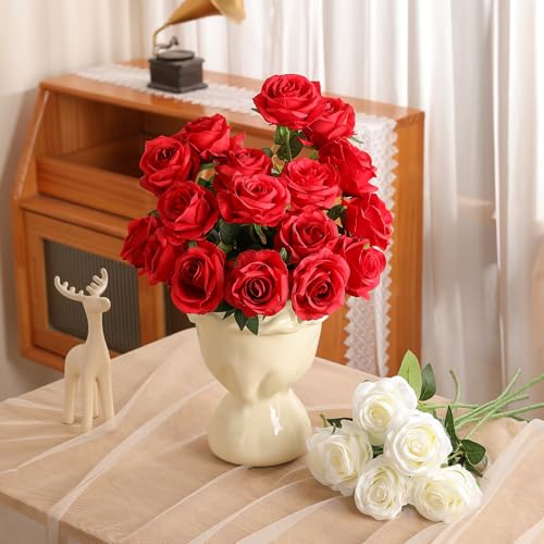 Nubry Artificial Silk Rose Flower Bouquet Lifelike Fake Rose for Wedding Home Party Decoration Event Gift 10pcs (Red) - color: Red