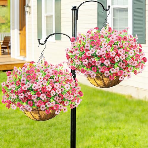2 Pack Artfiticial Hanging Flowers Baskets for Outdoors, UV Resistant Faux Hanging Plants, 24 Pcs Fake Silk Flowers for Patio Garden Front Porch Balcony Decor (Pink Rose Red) - color: Pink Rose Red