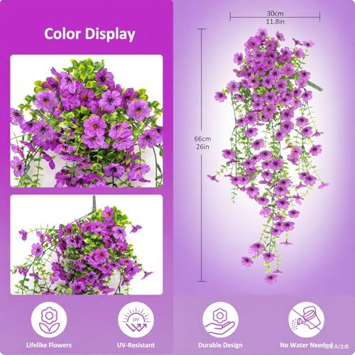 Artificial Hanging Flowers Plants for Outdoors, 2 PCS UV Resistant Faux Silk Daisy(132 Branches Per Bundle), Home Garden Balcony Yard Porch Decor(Purple) - color: Purple