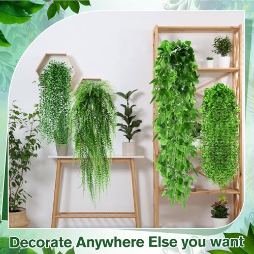 Daifunli 16 Pcs Artificial Hanging Plants Fake Hanging Ferns Plastic Faux Plants for Wall Room Garden Garland Indoor Outdoor Decor No Basket (Boston,Eucalyptus,Ivy Vine,String of Pearls) - style: Boston, Eucalyptus, Ivy Vine, String of Pearls