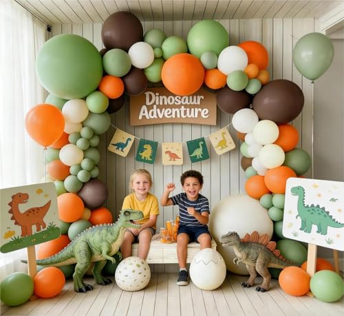 Balloon Arch Kit - Double Stuffed Dusty Green Orange Brown Beige Balloons for Neutral Baby Showers Woodland Wild One Dinosaur Birthday Decorations - color: Orange, Green, Brown