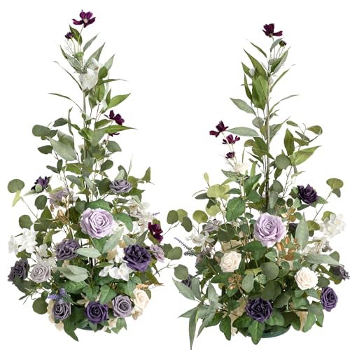 Ling's moment 41" Tall Free Standing Artificial Flowers Arrangements 2 pcs Wedding Arch Altar Stage Decorations Lilac Gold for Ceremony Reception Rose Fake Floral Party Outdoor Centerpieces Decor - color: Prpl-lilac & Cream