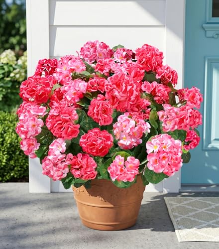 Fake Geraniums Artificial Flowers for Outdoors, 6 Bundles Silk Geraniums Flowers Realistic UV Resistant Fake Plants Faux Flowers for Outside Planters Front Door Garden Balcony Yard Porch Indoor, Mix - color: 3 Pink, 3 Hotpink