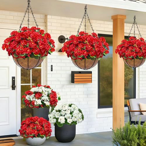 Artificial Geraniums Flowers for Outdoors Summer Decor, 4 Bundles Fake Flowers Silk Red Flowers UV Resistant No Fade Cemetery Flowers Faux Plants for Garden Planter Patio Indoor Home Cemetery Decor - color: Red