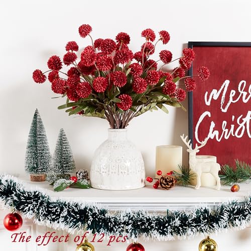 SITUMEIZI Red Faux Silk Pompon Mum Artificial Red Flowers Fake Mini Chrysanthemum Flowers Mums 6Pcs for Christmas Home Party Wedding Decorations - color: Red