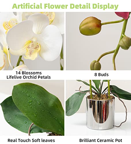 Artificial Orchid Flowers White Faux Orchids with Ceramic Vase Vivid Fake Phalaenopsis Flower Arrangement Gorgeous Artificial Plants for Office Desk Wedding Party Exhibition Center & Home Table Decor - color: White-silver