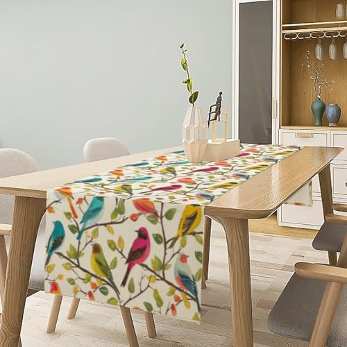 Spring Bird Floral Table Runner,Birds Table Runner Burlap Table Decoration for Seasonal Home Kitchen Dining Dinner Indoor Holiday Farmhouse Decor 13x36 Inch - color: Bird_13, size: 13x36inch