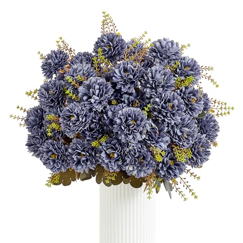 18 Heads Ink Blue Artificial Chrysanthemum Flowers Fake Mums Ink Blue Kiku Gothic Flowers Bouquet Silk Chrysanthemums for Indoor Outdoor Table Centerpiece Vase Pots Decoration, 2 Pcs - color: Dark Blue Chrysanthemum