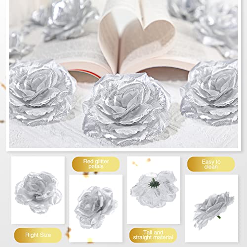 Yunlly 100 Pcs Artificial Flowers Fake Silk Roses Long Stem Rose Bouquet Wedding Party Home Decor for DIY Baby Shower Centerpieces Tables Home Decorations(Silver) - color: Silver