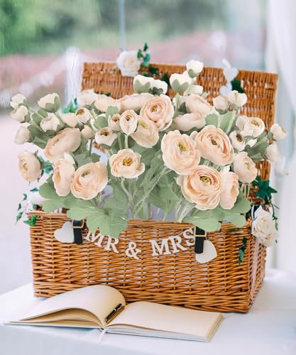 IPOPU 5pcs Fake Peonies Artificial Ranunculus Flowers 60Heads Champagne Silk Flowers 21.65" Artificial Flowers Bulk for Wedding Floral Arrangements Home Table Centerpieces Decor (Champagne) - color: Champagne