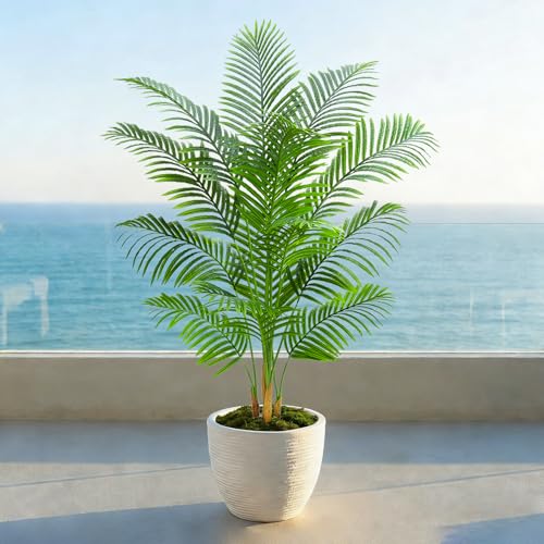 Artificial Palm Tree Plant 6FT Tall Fake Tropical Palm Tree in Pot, Real Bark Design Faux Areca Palm Tree for Home Office Living Room Bedroom Farmhouse Modern Indoor Outdoor Topiary Tree (18 Trunks) - size: 6ft
