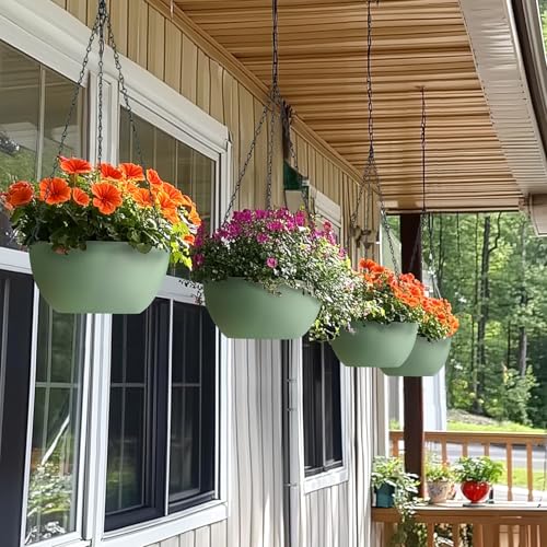 T4U 12 Inch Hanging Planters for Indoor Outdoor Plants, 2 Pack Plastic Hanging Planter, Indoor Hanging Plant Pots, Hanging Basket with Drainage Holes, Flower Pots for Garden Home Decor, Green - color: Green, size: 12 In