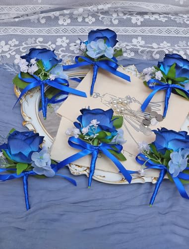 Marriwise 6pcs Rose Boutonniere for Men, Artificial Flowers Wedding Groom Groomsmen Boutonniere for Wedding/Anniversary/Prom/Rustic Wedding/Homecoming (Navy Blue) - color: Navy Blue