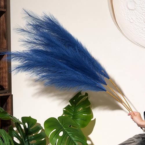 Premium Faux Dark Blue Pampas Grass – 43.3" Tall Fluffy Decor, 8pcs 18-Branch One-Piece Stems No Assembly, Luxury Silk-Feel Feather Flowers for Nautical Coastal Modern Home Decor Blue, 8 Stems/110cm - color: Faux Dark Blue, size: 8pcs 43.3"(110cm)