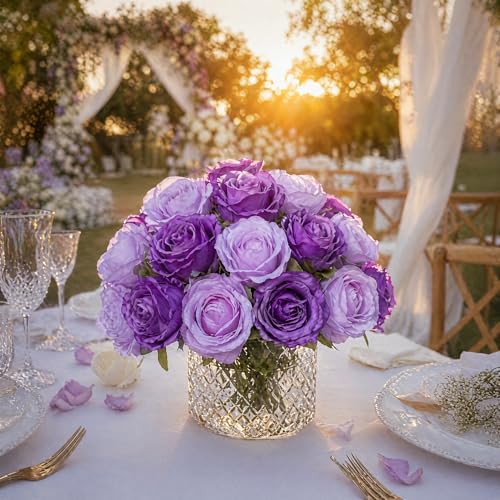 Ivydale 18pcs Violet Purple Roses Artificial Flowers, Fake Roses Silk Flowers with Stems Realistic Bouquet for Mother's Day Wedding Party Home Decoration DIY Centerpiece Floral Romantic Gifts - color: Rose-mixpurple