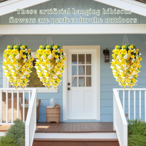 XunYee 8 Pcs Artificial Hibiscus Flowers for Outdoors Spring Summer Decor Fake Hanging Flowers Plants Uv-Resistant Faux Hibiscus Flower for Outside Porch Patio Front Door (Yellow and White) - color: Yellow and White
