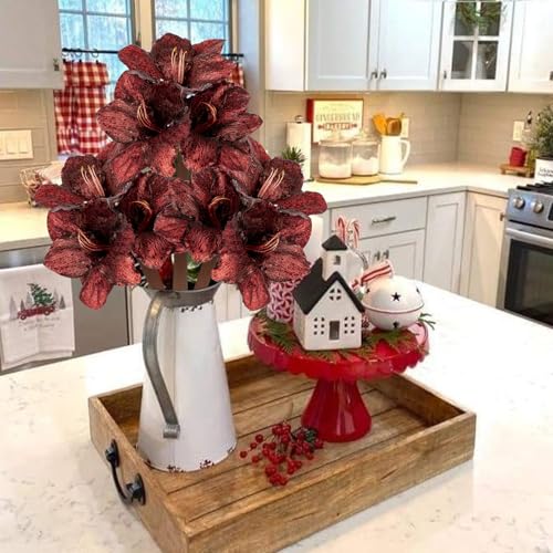 Briful Amaryllis Artificial Christmas Flower Stems, 19.7" Burgundy Glitter Faux Amaryllis with Detachable Heads for Xmas Home Party Wedding Bouquet Vase Arrangement Decor - color: Burgundy