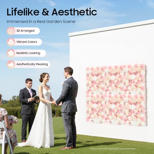 Flower Wall Panels 3D Flower Wall Backdrop, 6Pcs Artificial Flower Wall Panel Silk Rose Hydrangeas Floral Decorative Wall Background for Wedding Home Decor (White, Yellow, Pink, 23.6*15.7in) - color: Pink