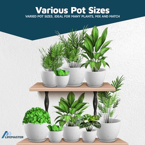 White Gray Plant Pots with Drainage Holes & Saucers 10 Pack, Indoor & Outdoor Stackable Space-Saving Planters for Houseplants & Flowers, (7", 6.7", 6", 5.3", and 4.8" Inches), Durable & Weatherproof - color: White Gray, size: Pack of 10