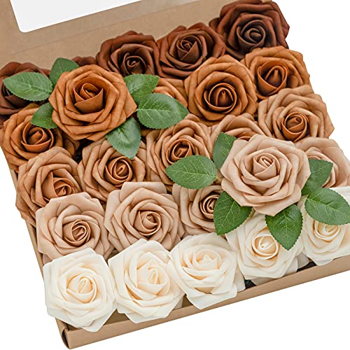 Ling's moment Artificial Flowers, 25Pcs 3" Roses in Walnut Brown Shades, Realistic DIY Foam Floral Decor for Wedding Bouquets/Centerpieces, Outdoor Party Backdrops, Room/Table, Garden/Pot Decorations - color: Shades of Earth Tones, size: 25Pcs