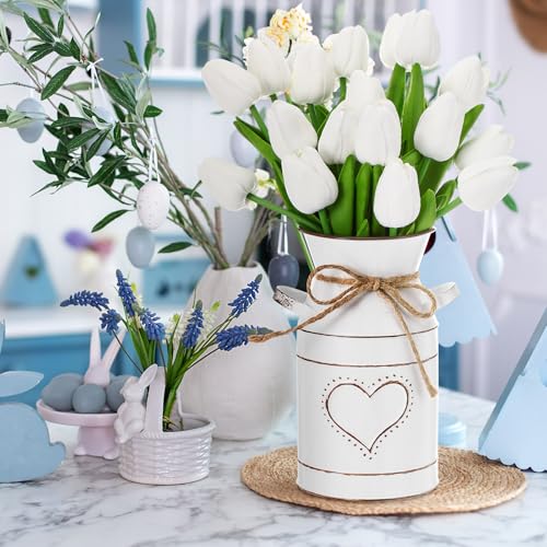 Uiifan 19 Pcs Spring Easter Centerpieces for Tables Home Office Decoration 18 Fake Artificial Tulip Flower Faux Realistic PU Bouquet with 1 Metal Pot Vase for Wedding Baby Shower(White) - color: White