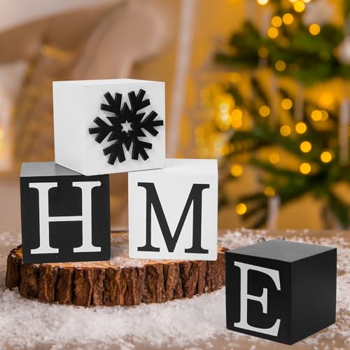 nuvagiki Christmas Winter Tiered Tray Decor, Home Sign Decor, Black and White Wooden Snowflakes Block Sign, Rustic Farmhouse Winter Living Room Table Decorations Wooden Home Indoor - color: Black